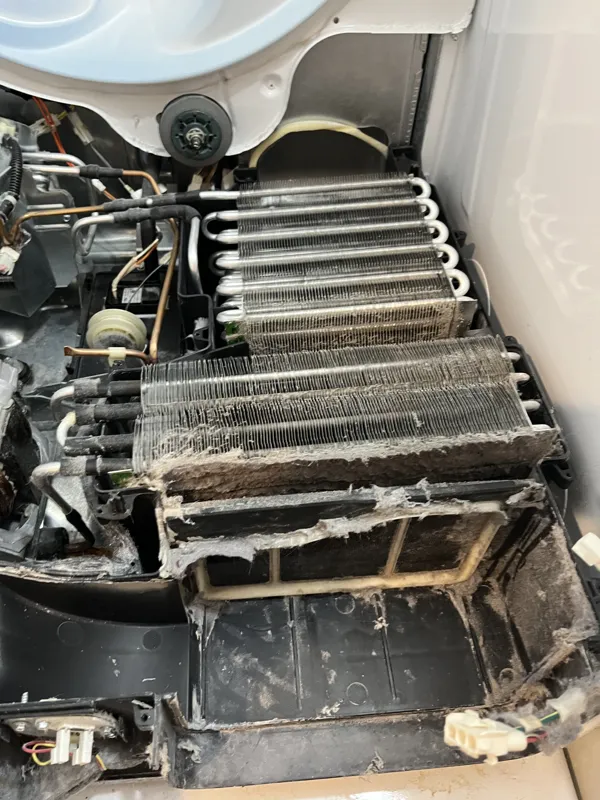 Before: heat-pump dryer coils and filter coated in lint